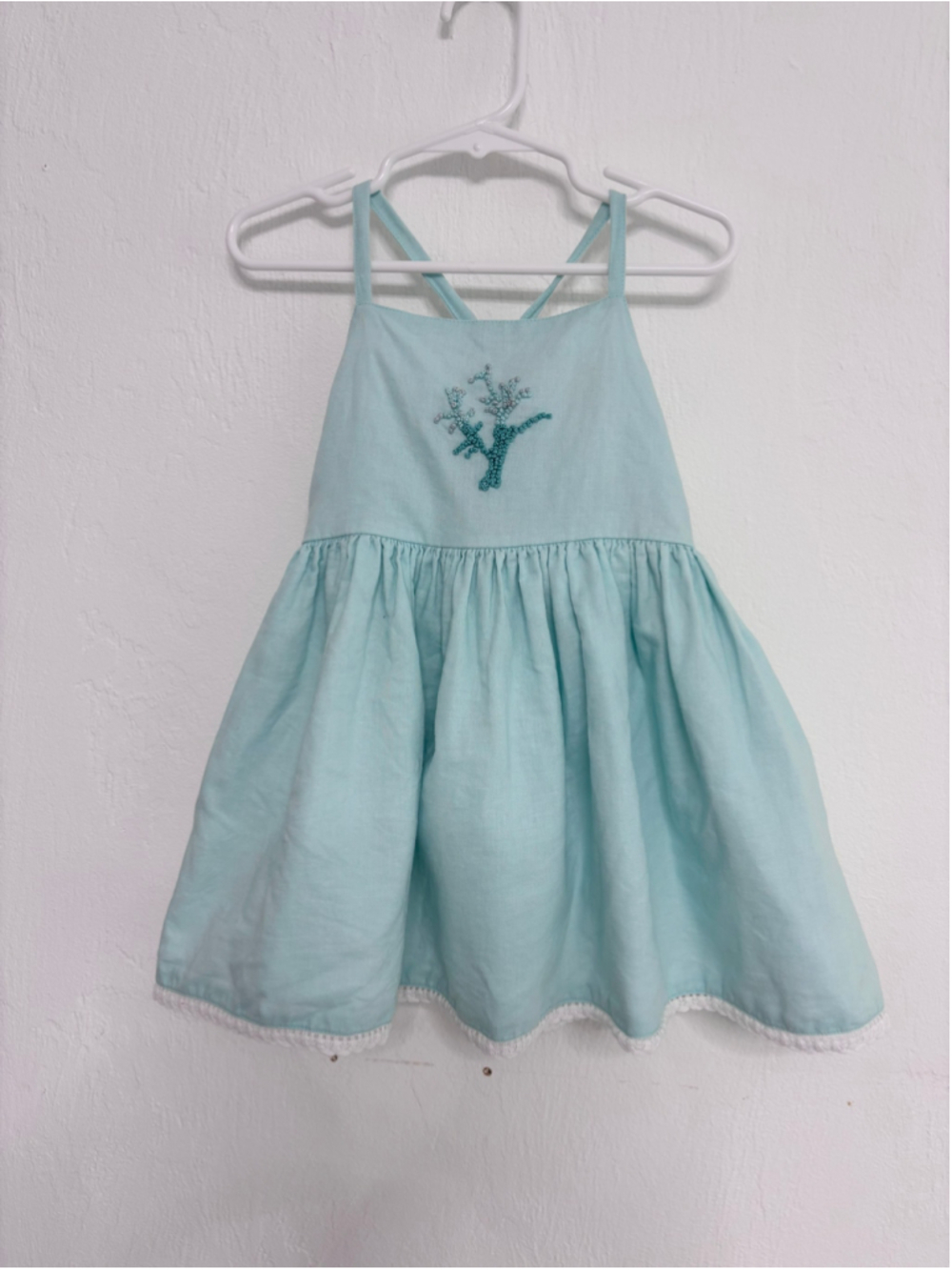 Girls Mini Boho Light Blue Embroidered Dress Top with White Size 6 Linen Cotton